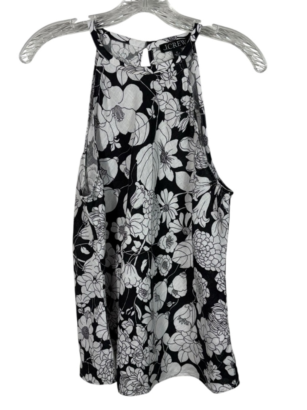 J. Crew 100% Linen Black White Floral Halter Neckline Tank Top Blouse Travel M